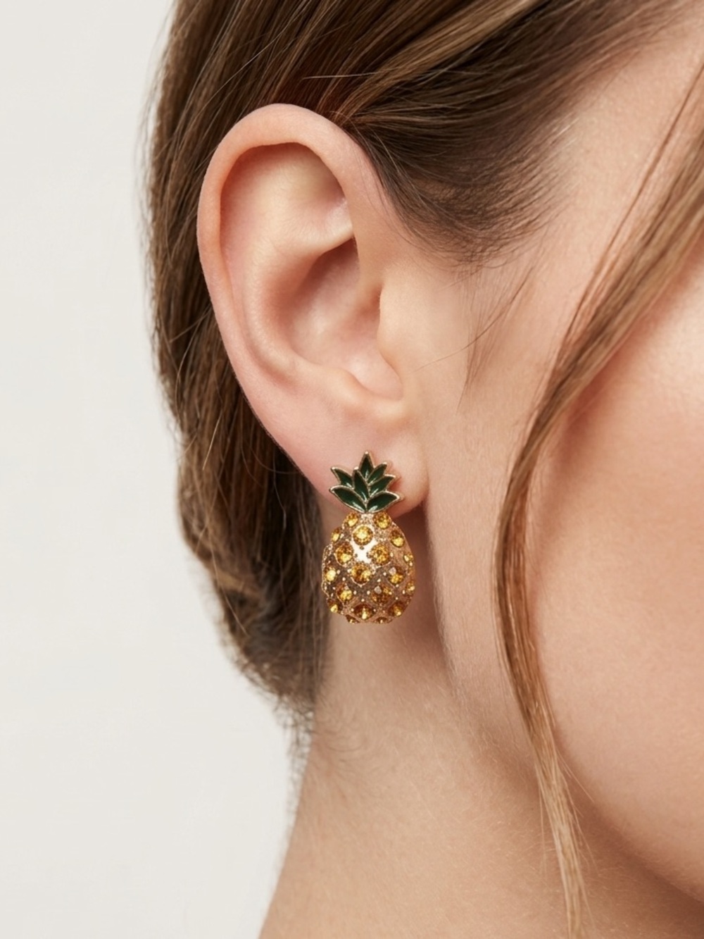 Pineapple Rhinestone Stud Earrings | Gold Tone Yellow Crystal Tropical Jewelry
